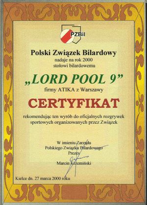 Certyfikat Polskiego Związku Bilardowego